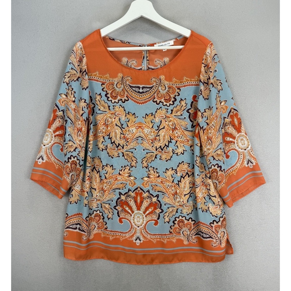 Rose Olive‎ Women's Plus Sz 1X Orange Blue Paisley Floral Lightweight Sheer Top